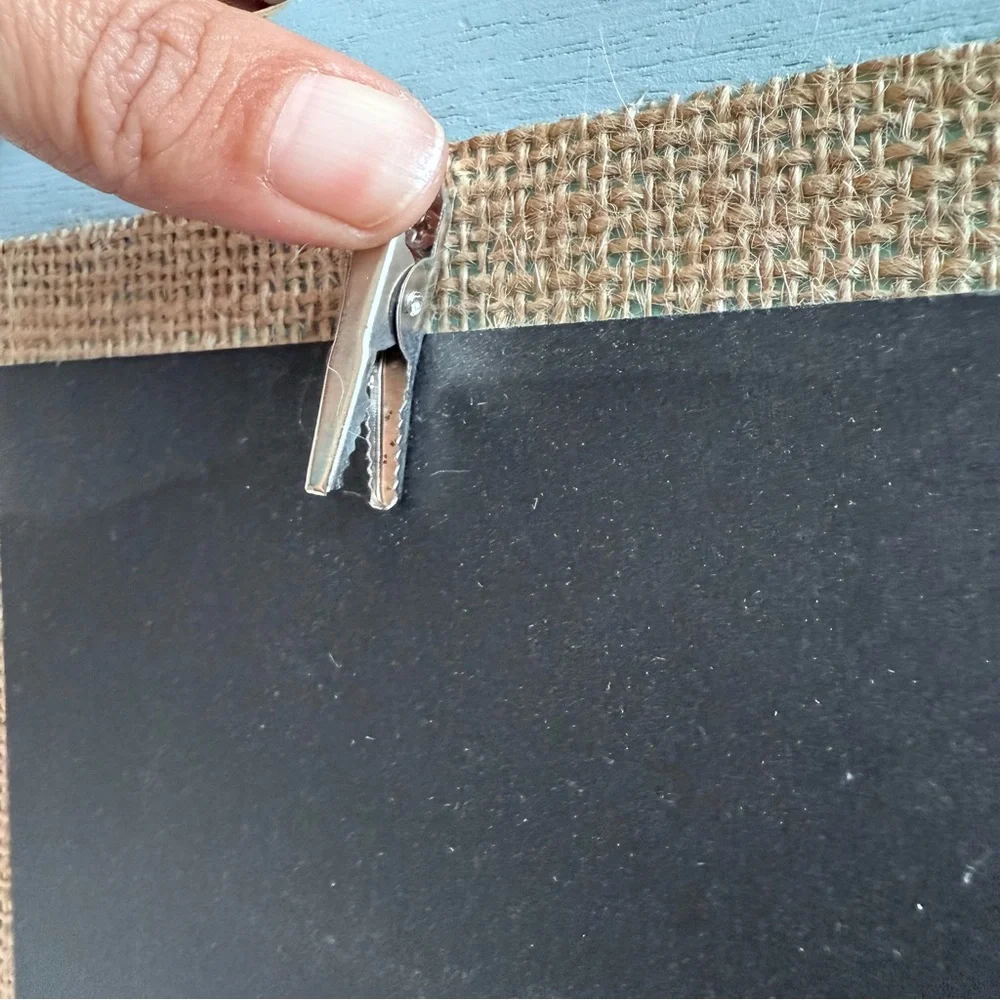 Rustic Farmhouse Light Blue Wood Picture Frame with Burlap & Chalkboard